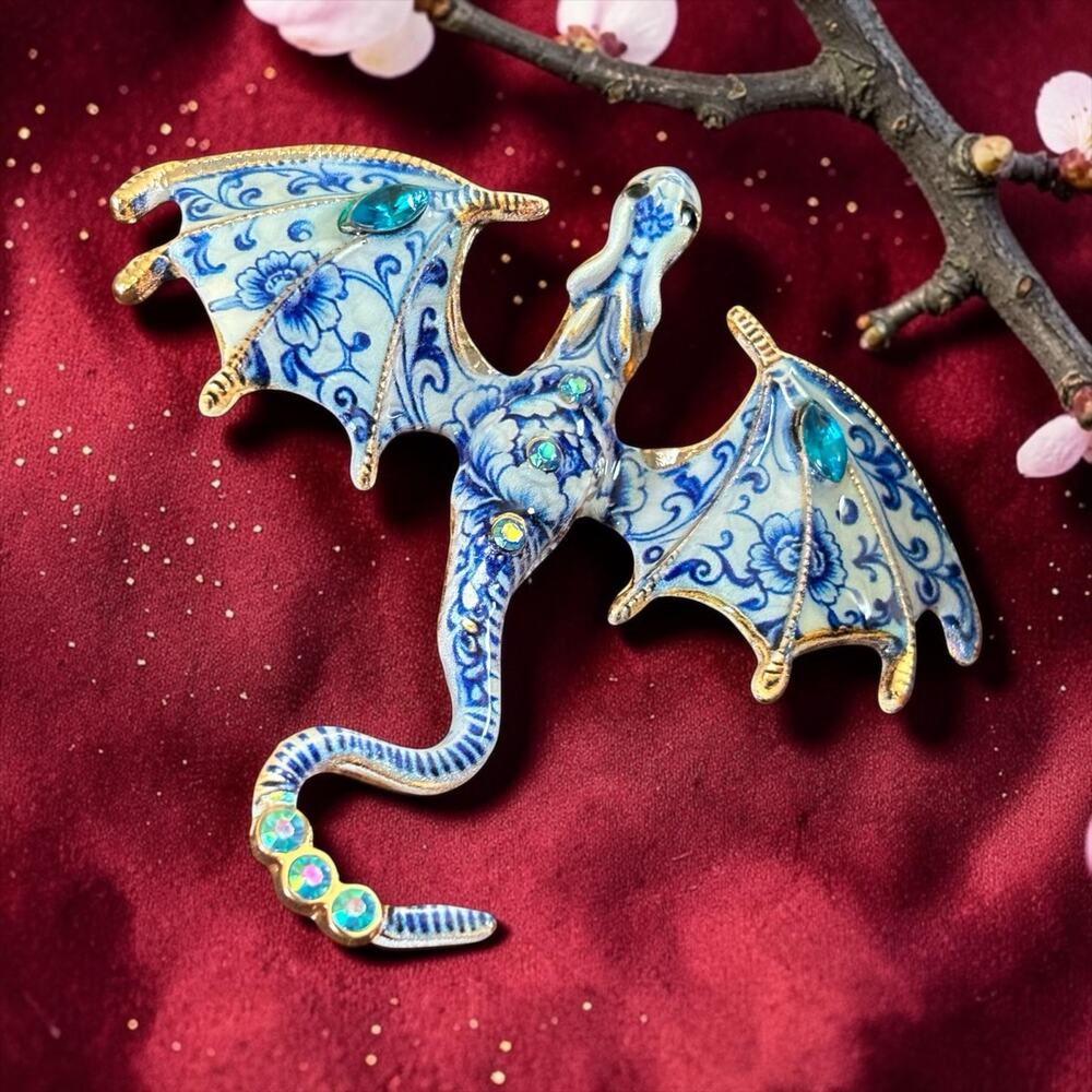 Blue Delft Dragon Brooch Porcelain Look Fantasy Pin Teal Crystal Gold Tone